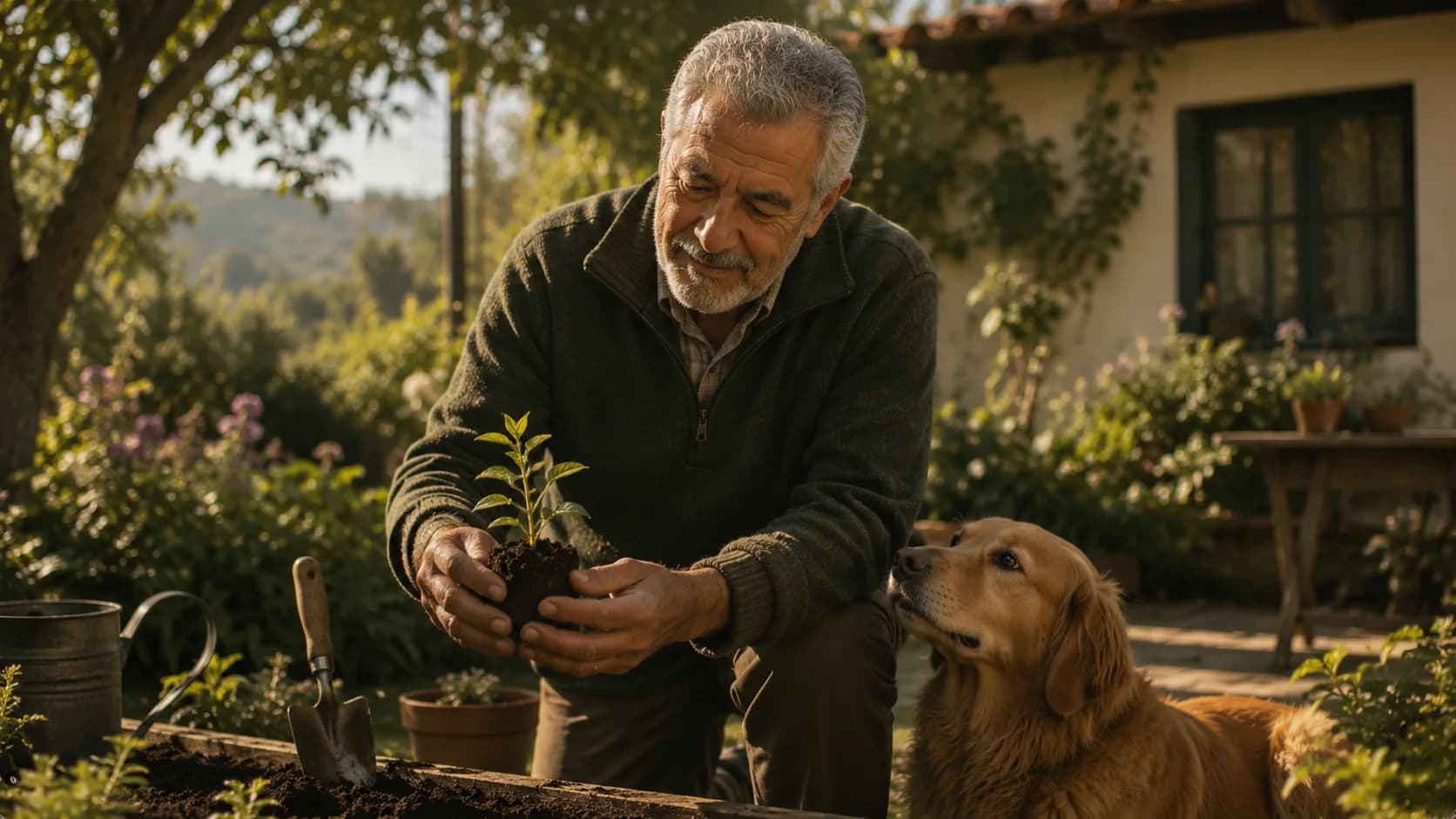 Un hombre mayor plantando en su jardín, acompañado por su perro