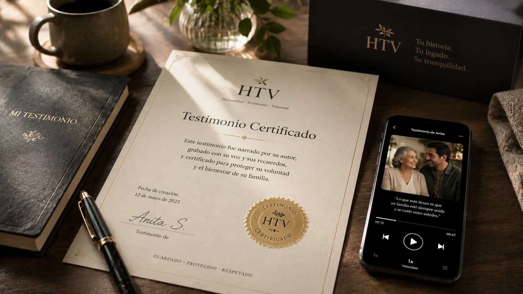 El Testimonio Certificado impreso, junto a un teléfono reproduciendo la narración en audio
